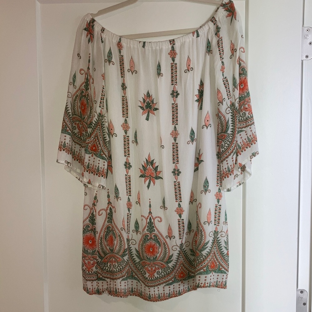 Bohemian Off-Shoulder Floral Tunic Top in Cream with Green & Coral